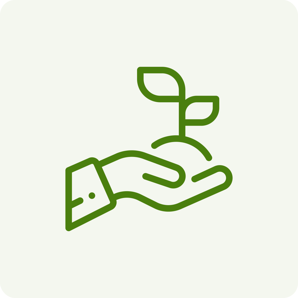 Green outline of a hand holding a small plant with two leaves.