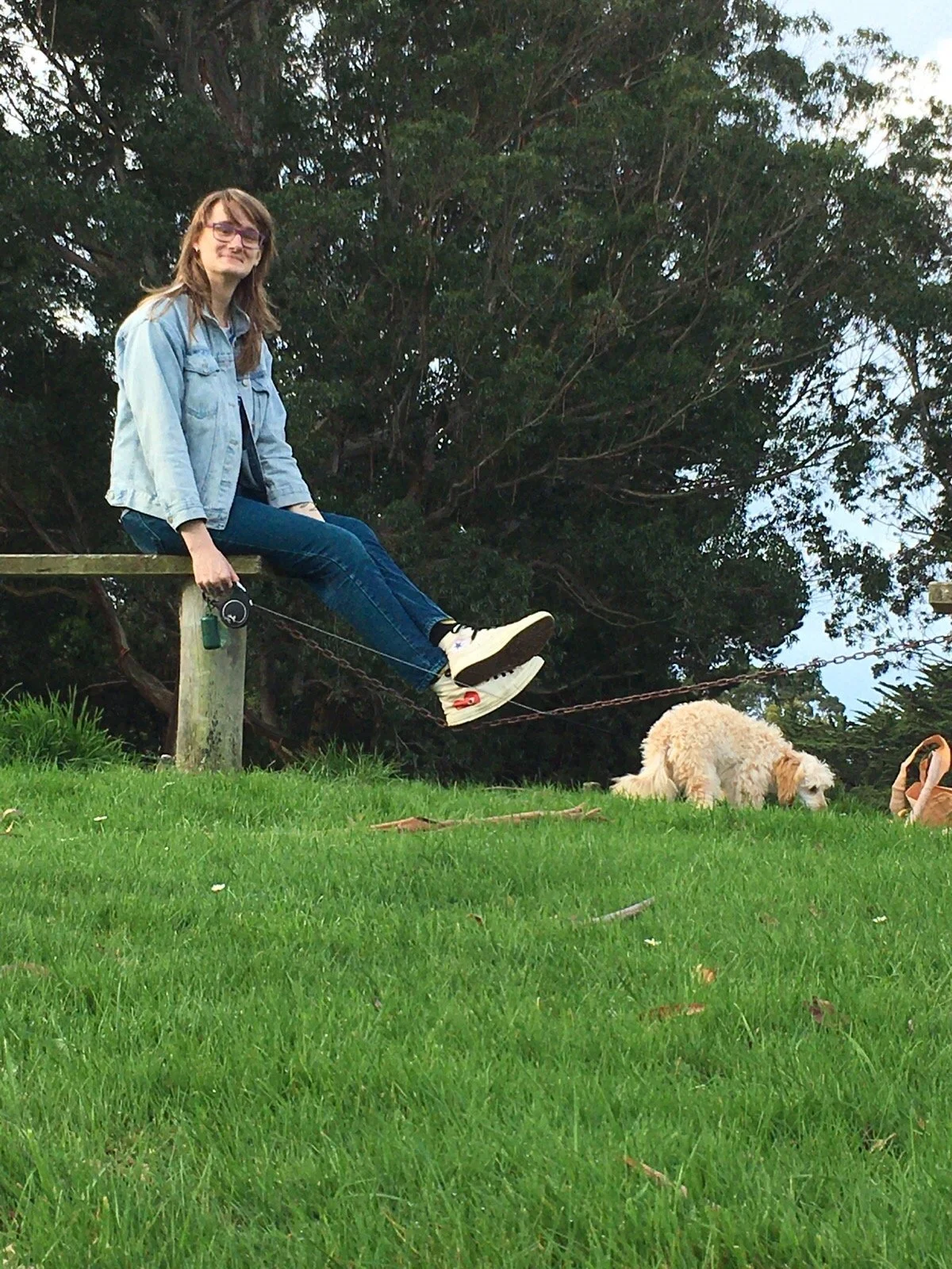 A young woman with glasses sitting on a wooden fence, smiling, outdoors with green grass and trees, a poodle sniffs the grass nearby.