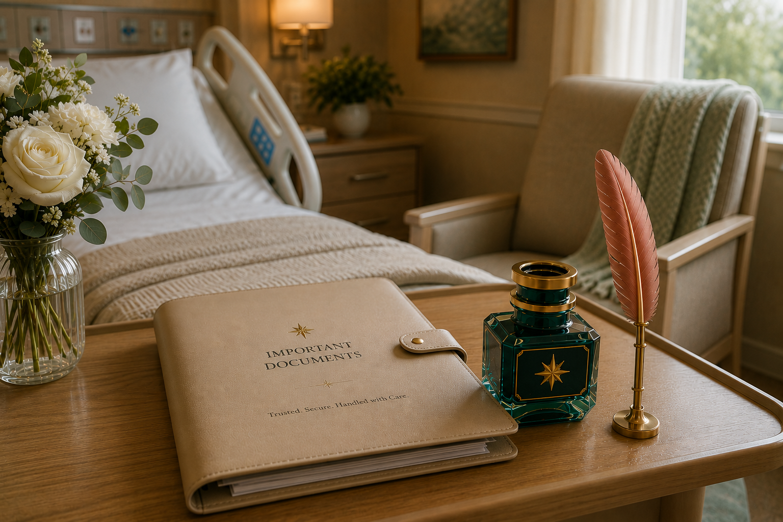 Hospital room with a bed, a bedside table with a vase of white flowers, a folder labeled 'Important Documents,' a green and gold ink bottle, a pink feather quill, and a beige armchair by the window.