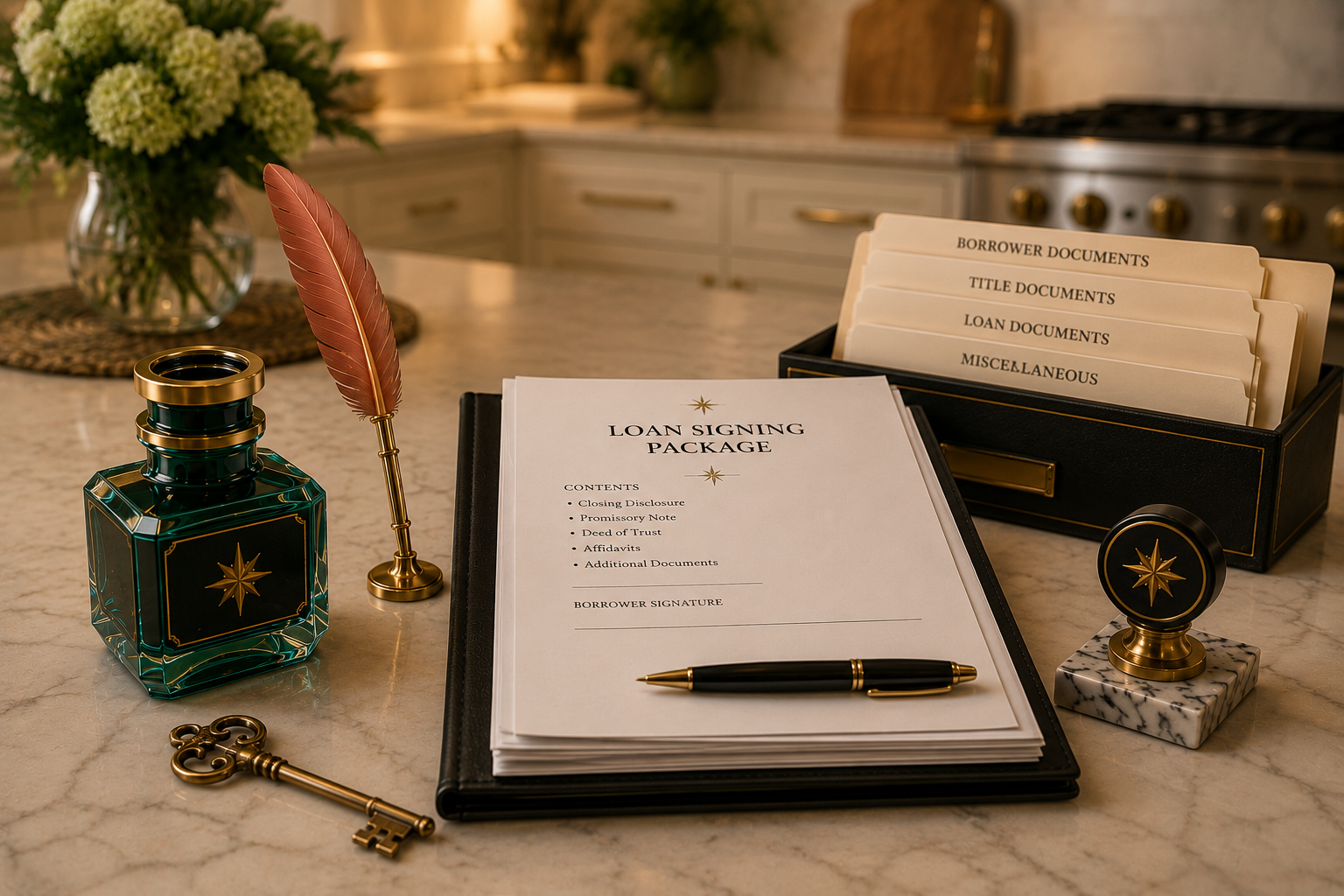 A legal or official workspace with a stack of documents labeled "Loan Signing Package," a black pen, a vintage key, a decorative ink bottle with gold accents, a brass inkwell with a marble base, a black box with labeled folders, and a large vase with white and green flowers on a marble countertop.
