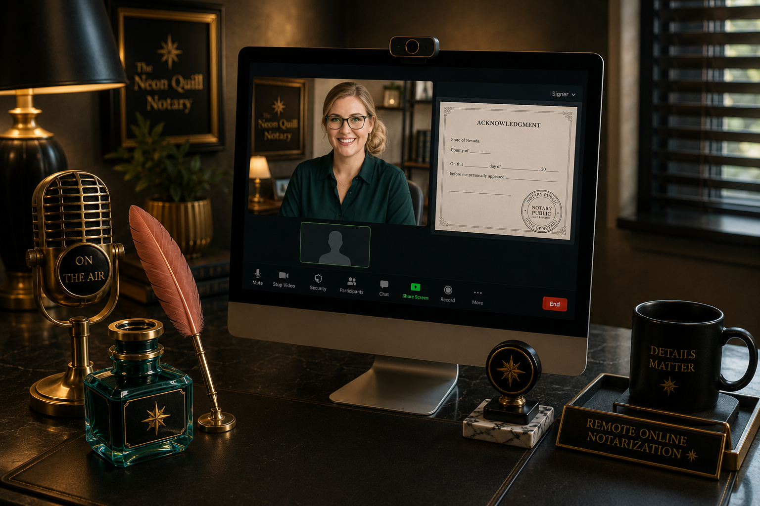 A woman on a computer screen appears in a Zoom video call, with a notary acknowledgment document visible on the screen. The desktop has a microphone labeled 'ON THE AIR', a pink feather quill pen, a ink bottle, a decorative star emblem, a mug with 'DETAILS MATTER' and a tray labeled 'REMOTE ONLINE NOTARIZATION'. The background has framed signs reading 'The Neon Quill Notary' and some plants.