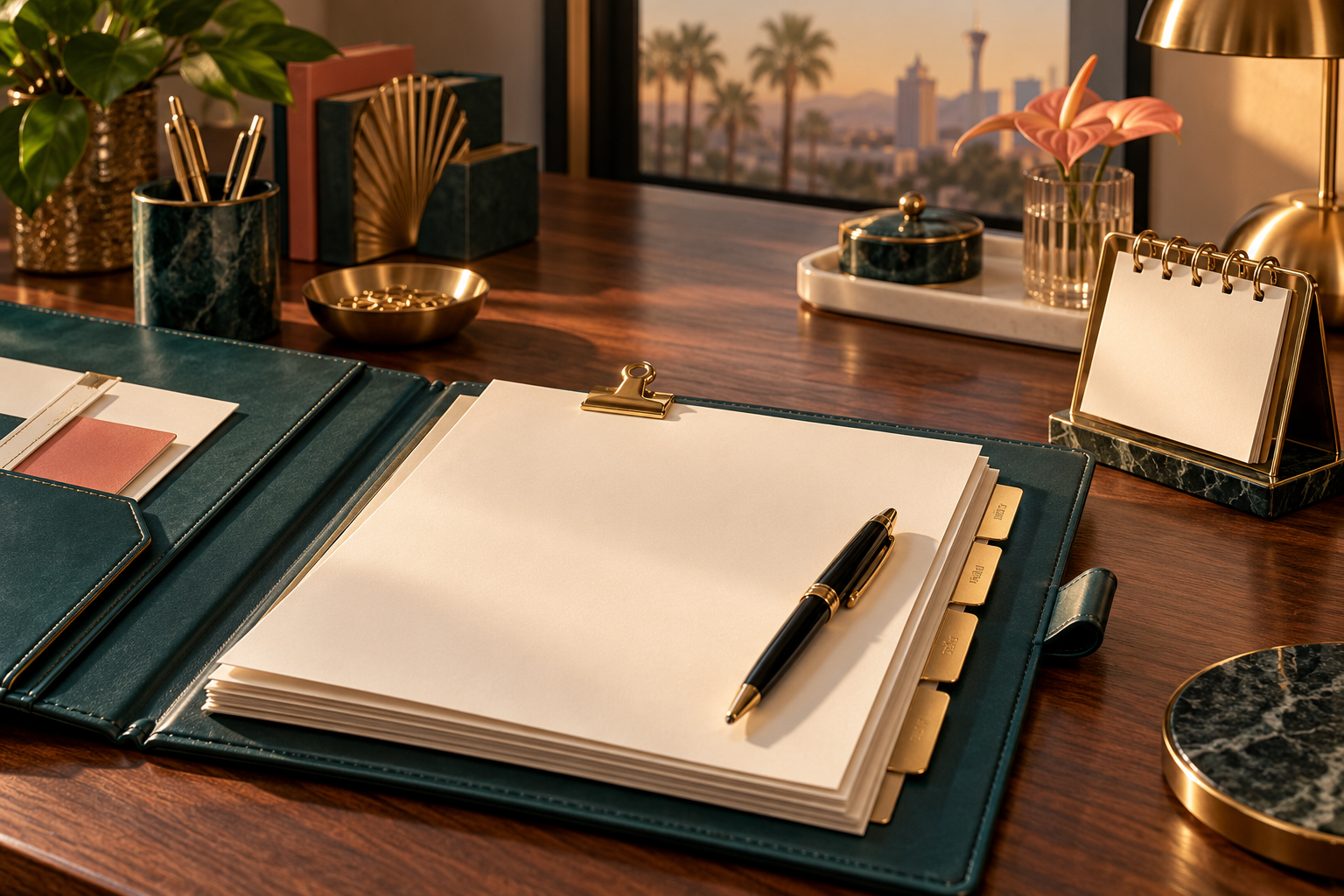 Open notebook with pen on oak desk; document preparation coming soon