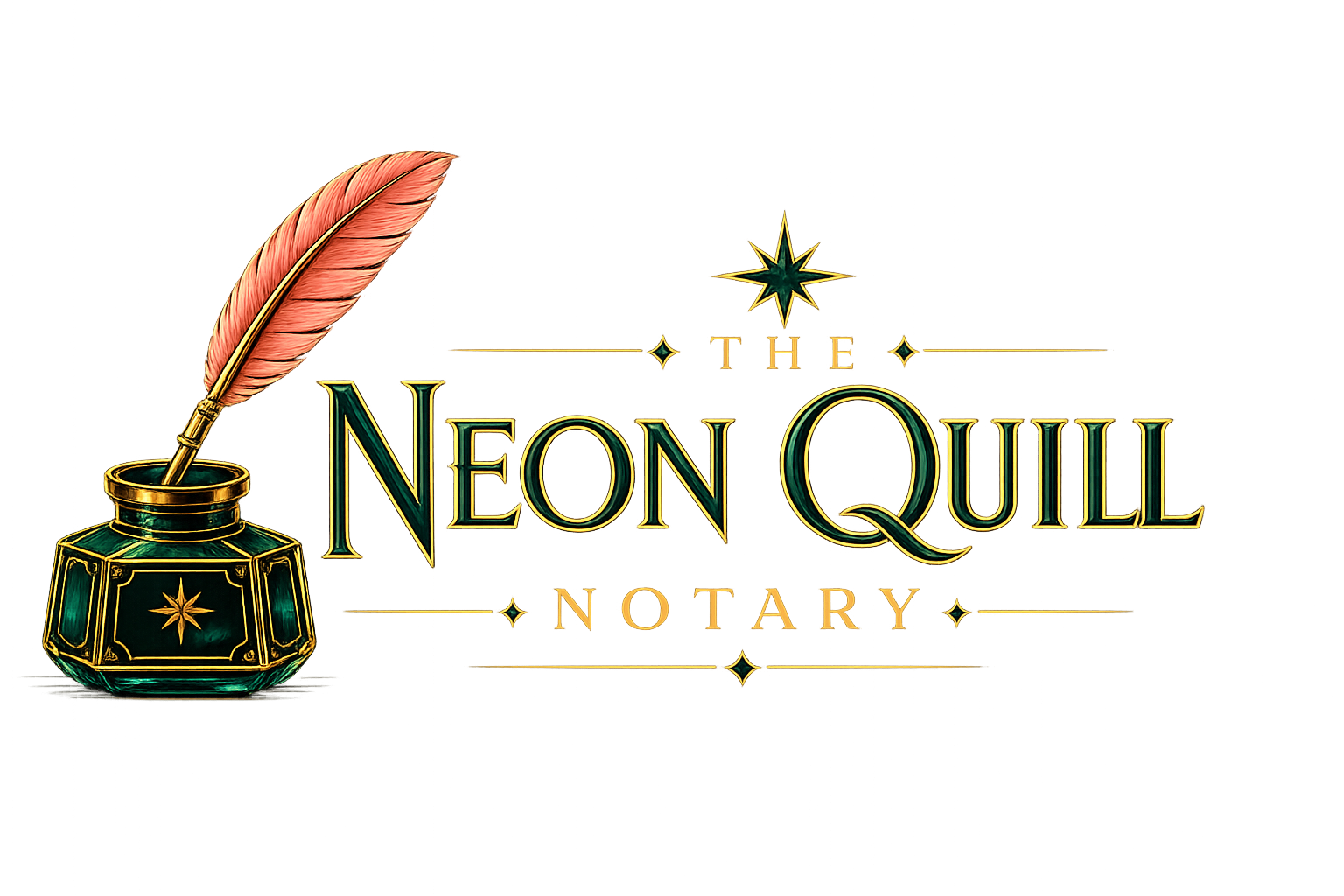 Logo for 'The Neon Quill Notary' featuring a gold ink bottle with a pink feather quill, and a star above the text against a dark background with purple and blue highlights.