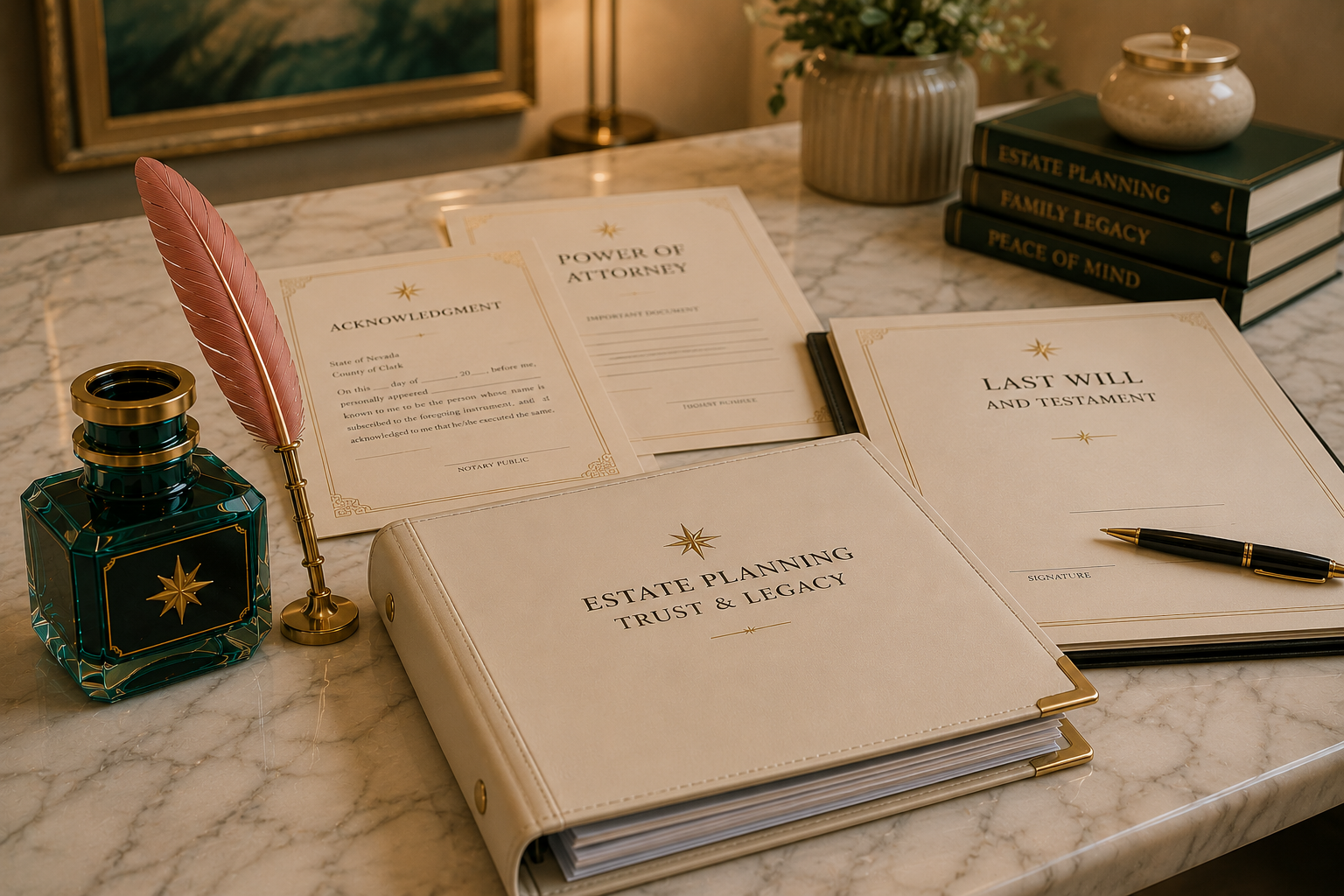 A marble desk holding documents titled 'Estate Planning Trust & Legacy,' 'Power of Attorney,' 'Last Will and Testament,' and acknowledgment forms, along with a black pen, a teal ink bottle with gold accents, a pink feather quill in a gold holder, a stack of green books with titles on estate planning, family legacy, and peace of mind, and a decorative vase with flowers.