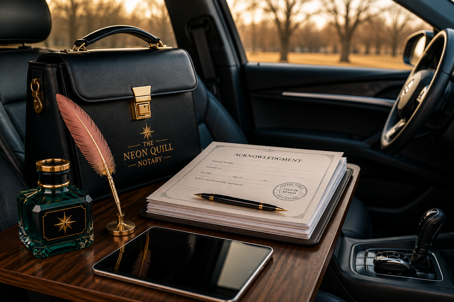 Inside a car, there is a black leather briefcase with gold accents and the words 'The Neon Quill Notary' on it, a bottle of perfume, a golden quill pen, a stack of acknowledgment forms with a black and gold pen on top, and a tablet computer on a wooden desk. The car window shows a blurred outdoor background with trees at sunset.