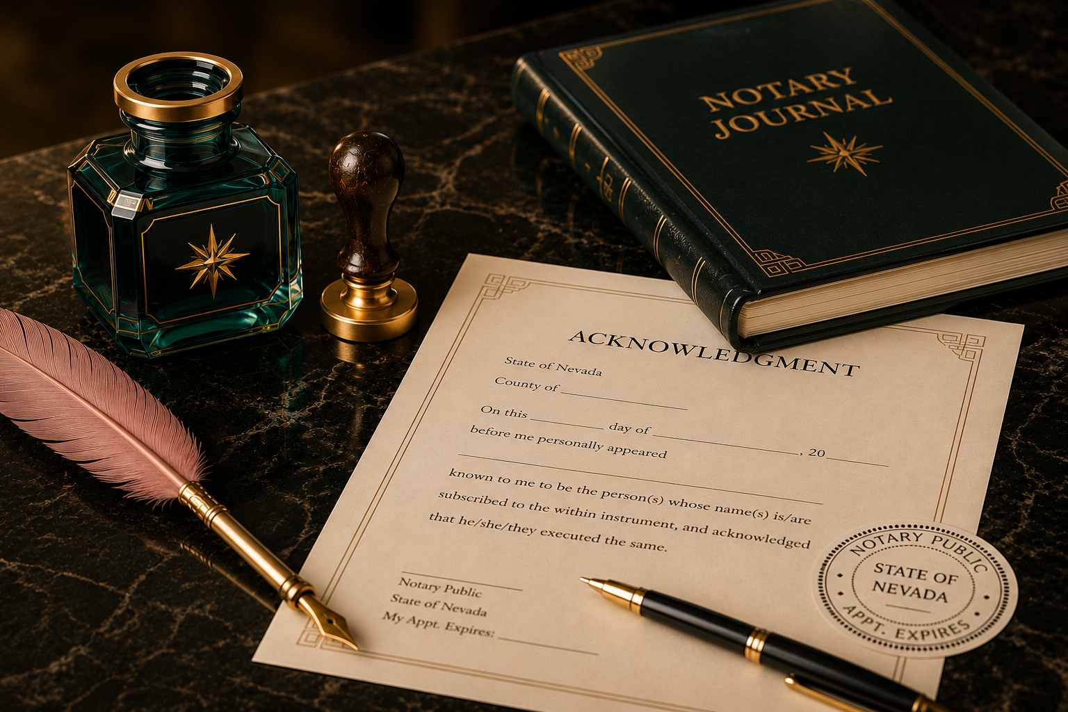 A desk with a notary journal, an ink bottle, a wax seal stamp, a feather quill, a pen, and a notary acknowledgment form on a dark marble surface.