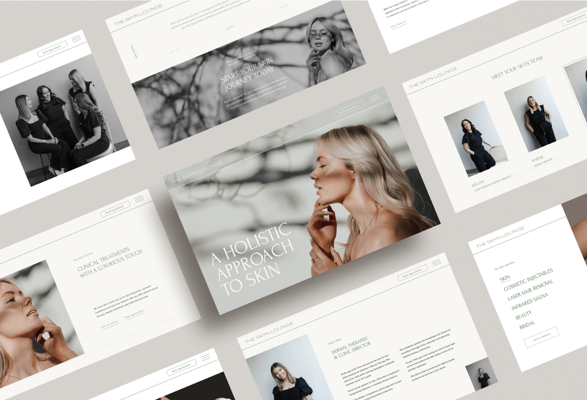 Collage of skincare website layouts showcasing skincare treatments and team members. Includes text like "A Holistic Approach to Skin" and images of women. Branding for "The Skyn Lounge."