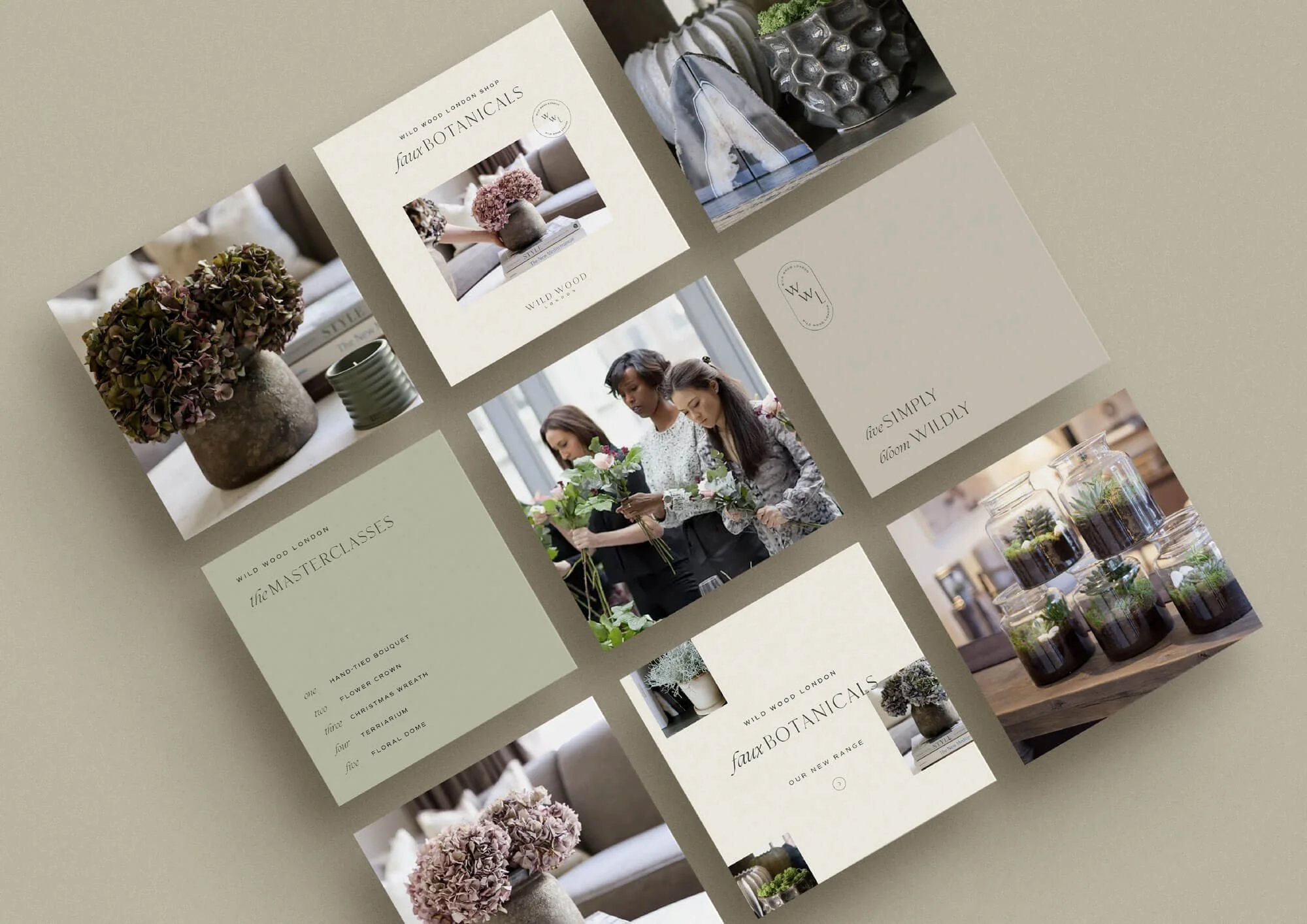 Brochure or catalog pages showcasing floral arrangements, botanicals, and people arranging flowers for a floral event or class.