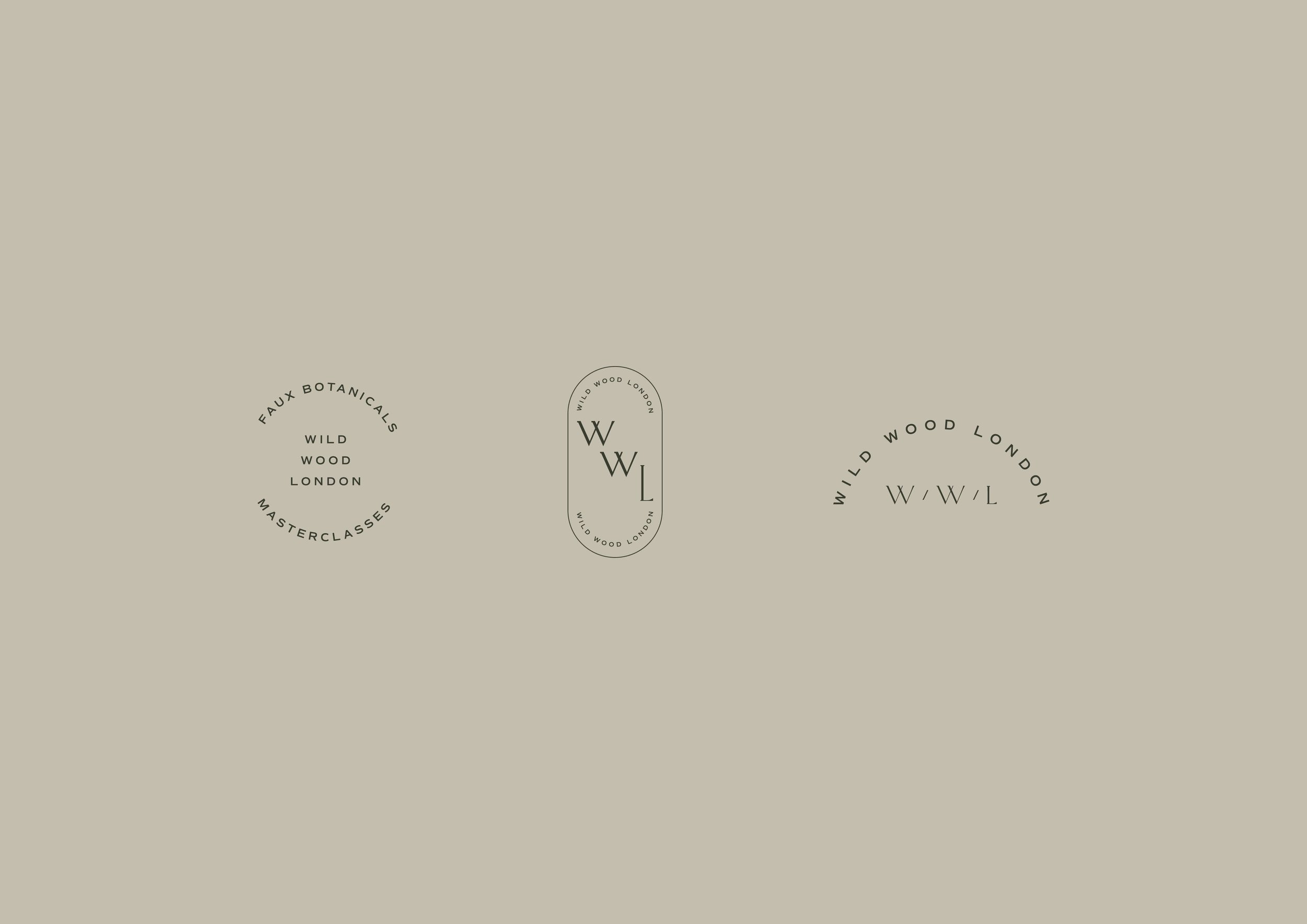 Three minimalist logo designs for Wild Wood London with black text and graphics on a beige background.