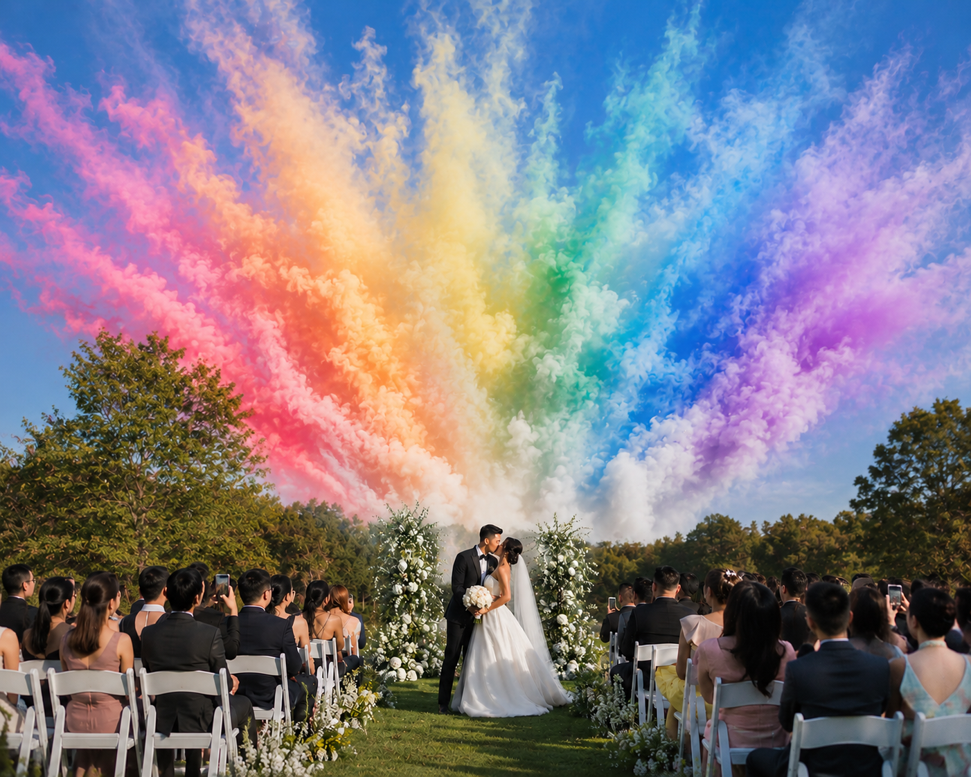 A wedding ceremony outdoors with a bride and groom kissing, surrounded by guests seated in white chairs, with colorful rainbow smoke in the sky above.