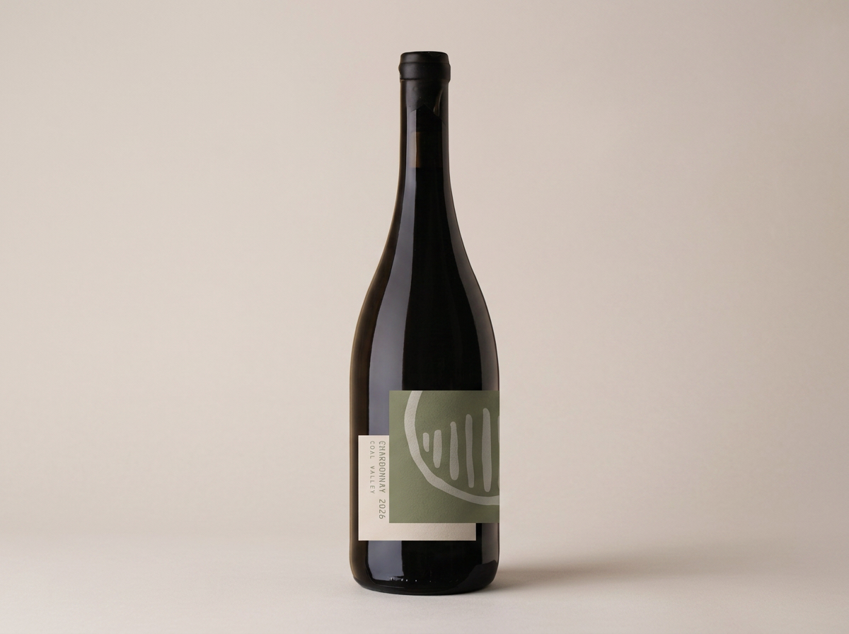 Prossers Ridge Chardonnay. A dark wine bottle with a minimalist light green and white label that has a simple abstract leaf design. The label mentions 'Chardonnay 2026' from Coal Valley.