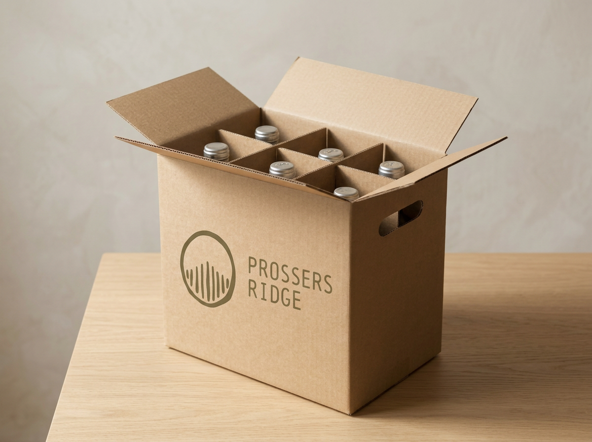 A cardboard box labeled 'Prossers Ridge' is open to reveal six wine bottles inside.