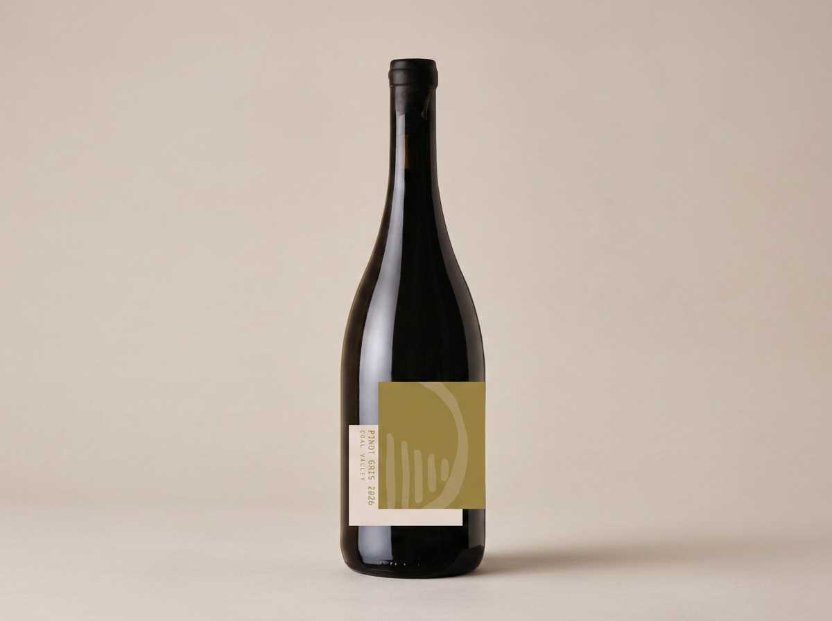 Prossers Ridge Pinot Gris. A dark glass wine bottle with a modern, minimalist label featuring shades of green and white, standing against a neutral background.