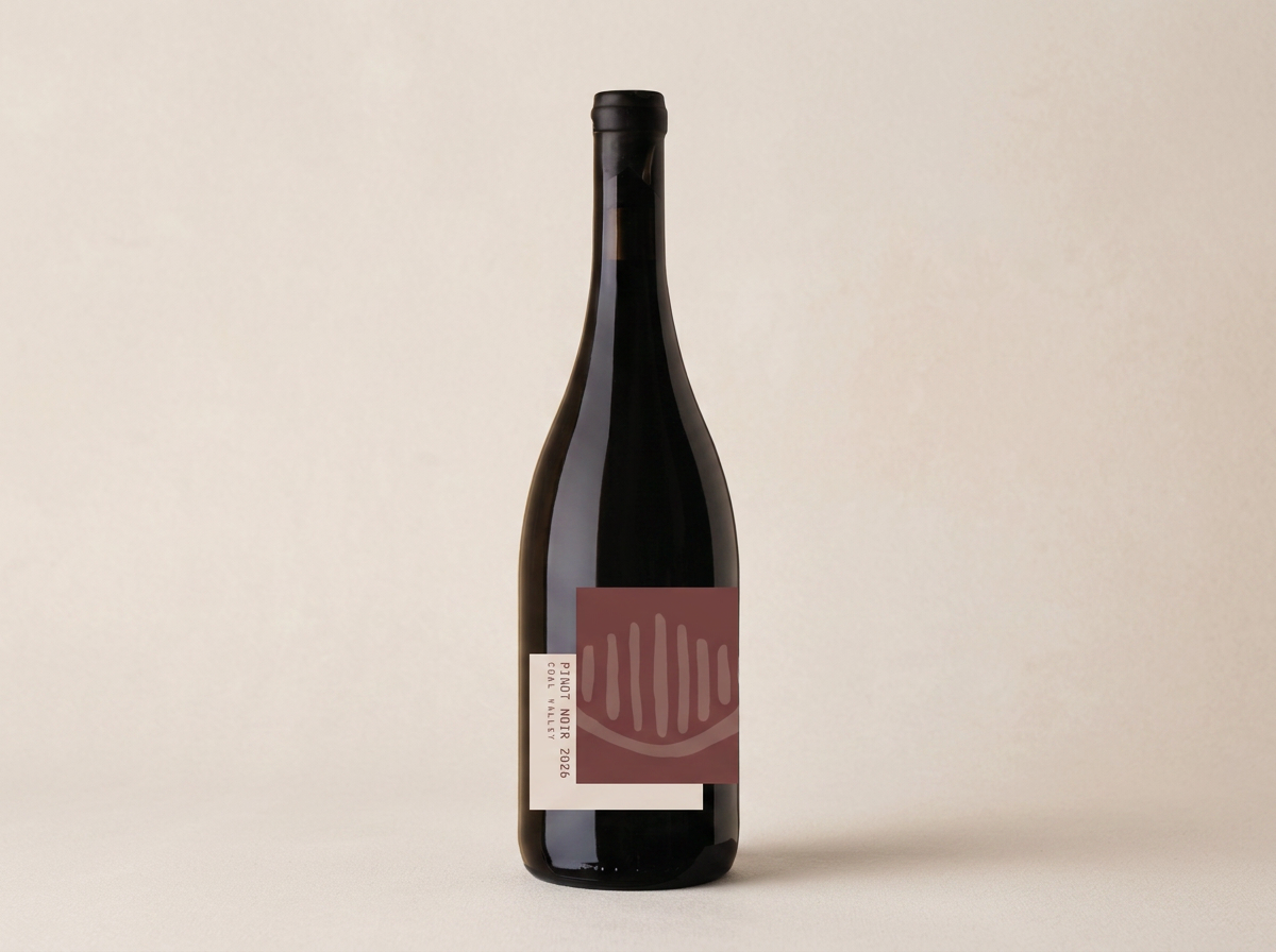 Prossers Ridge Pinot Noir. A dark wine bottle with a modern, abstract pink and beige label standing upright on a plain light beige background.