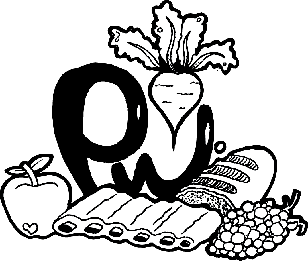 PW Catering Logo. Black and white illustration of a heart-shaped vegetable with leaves, an apple, a stack of bacon, a loaf of bread, and a pile of beans.