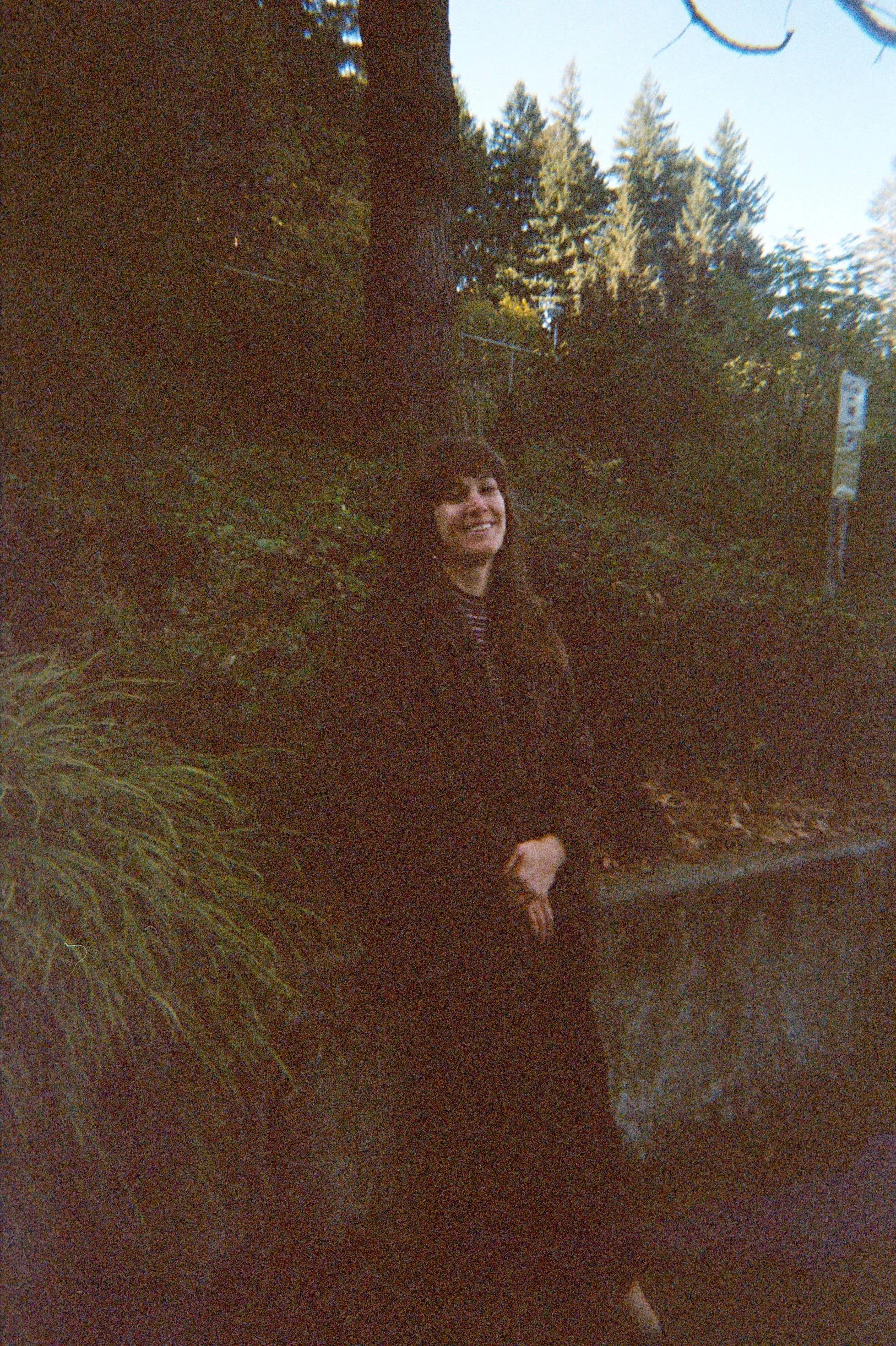A woman with dark hair smiling, sitting outdoors near trees and grass at dusk or dawn.