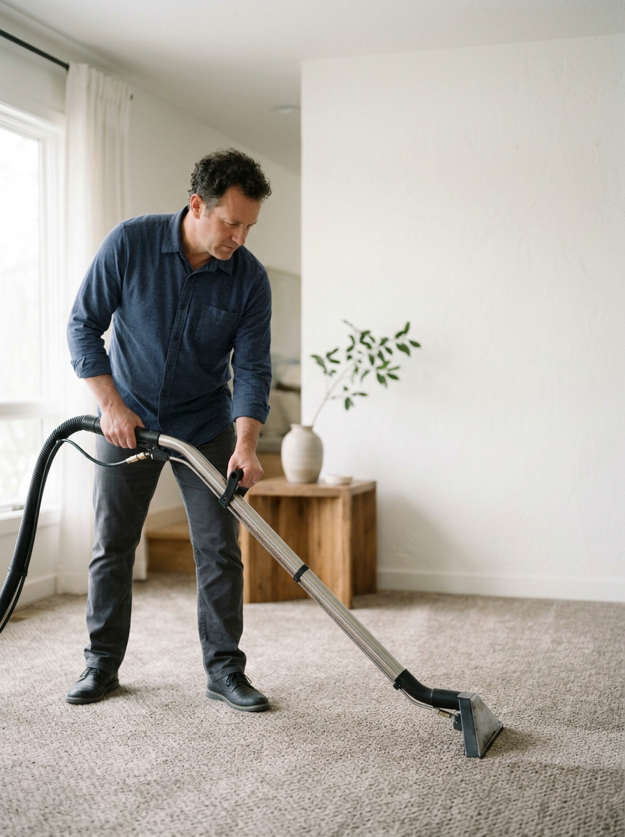 Man vacuuming beige carpet in a well-lit living room with white walls, a window with white curtains, and a wooden side table with a vase and plant.