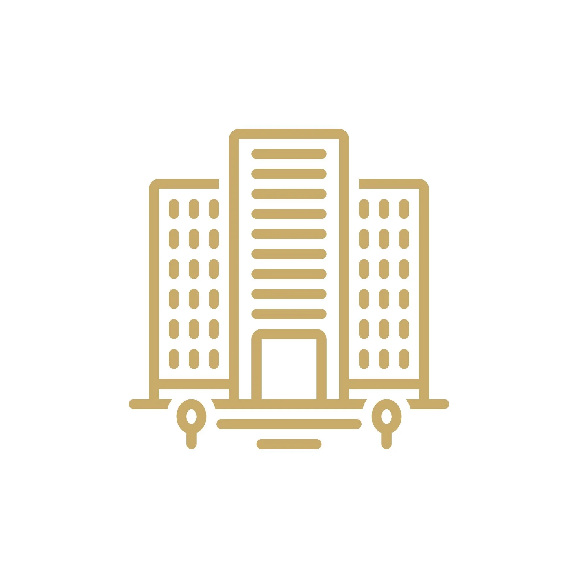 Outline of a city skyline with skyscrapers, depicted in gold color, on a white background.