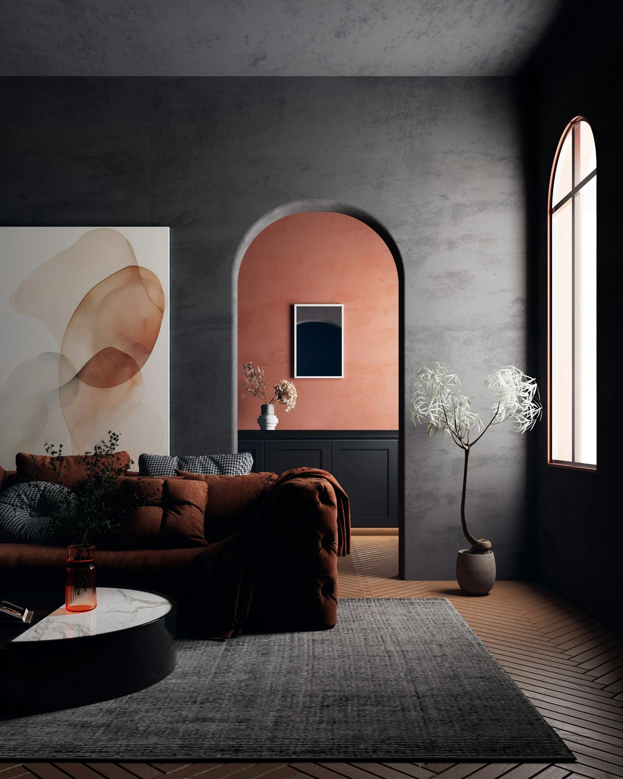 Interior of a modern living room with dark textured walls, a large window, abstract artwork, a velvet sofa, and decorative plants.