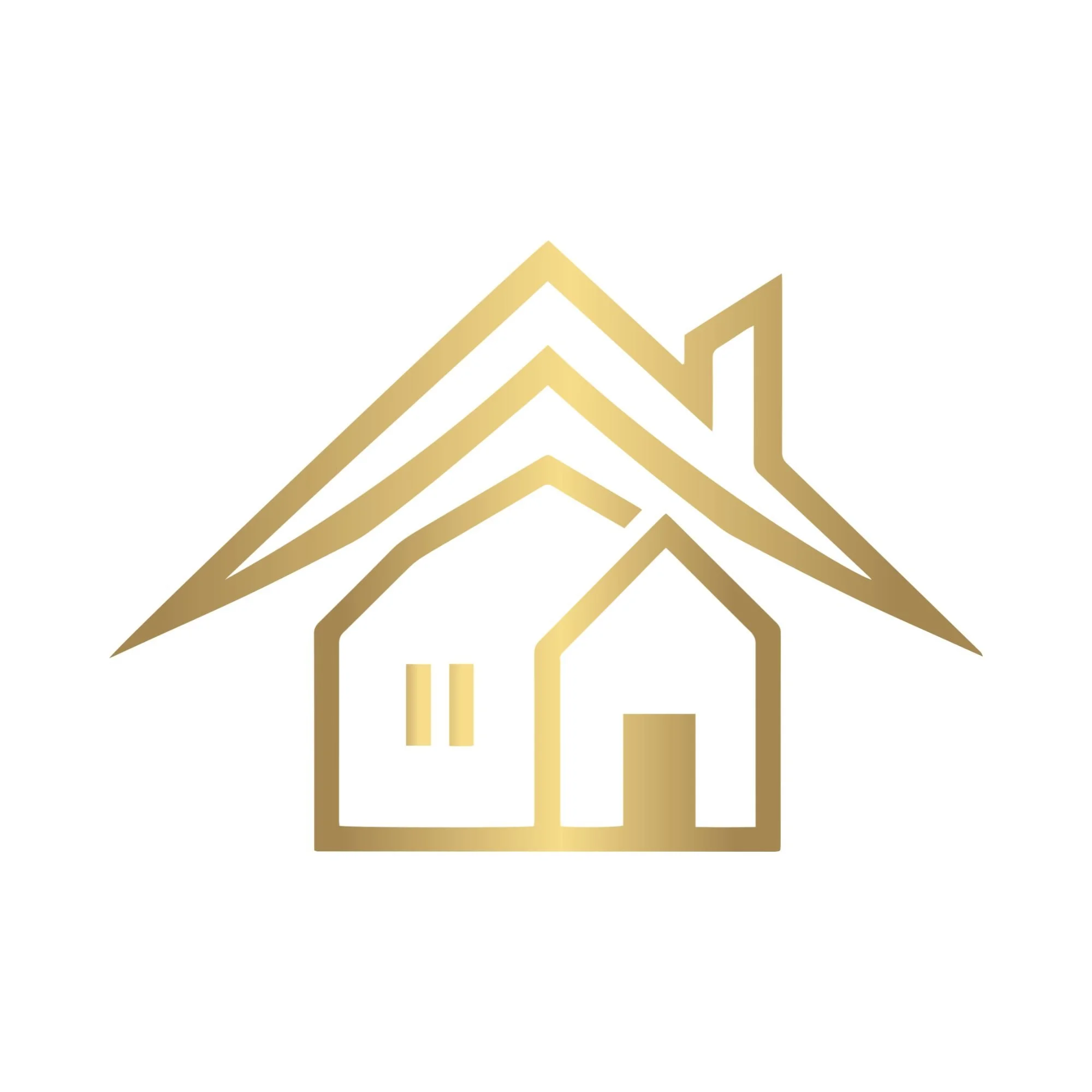 Golden outline of a house with mountains in the background, all depicted with stylized lines.