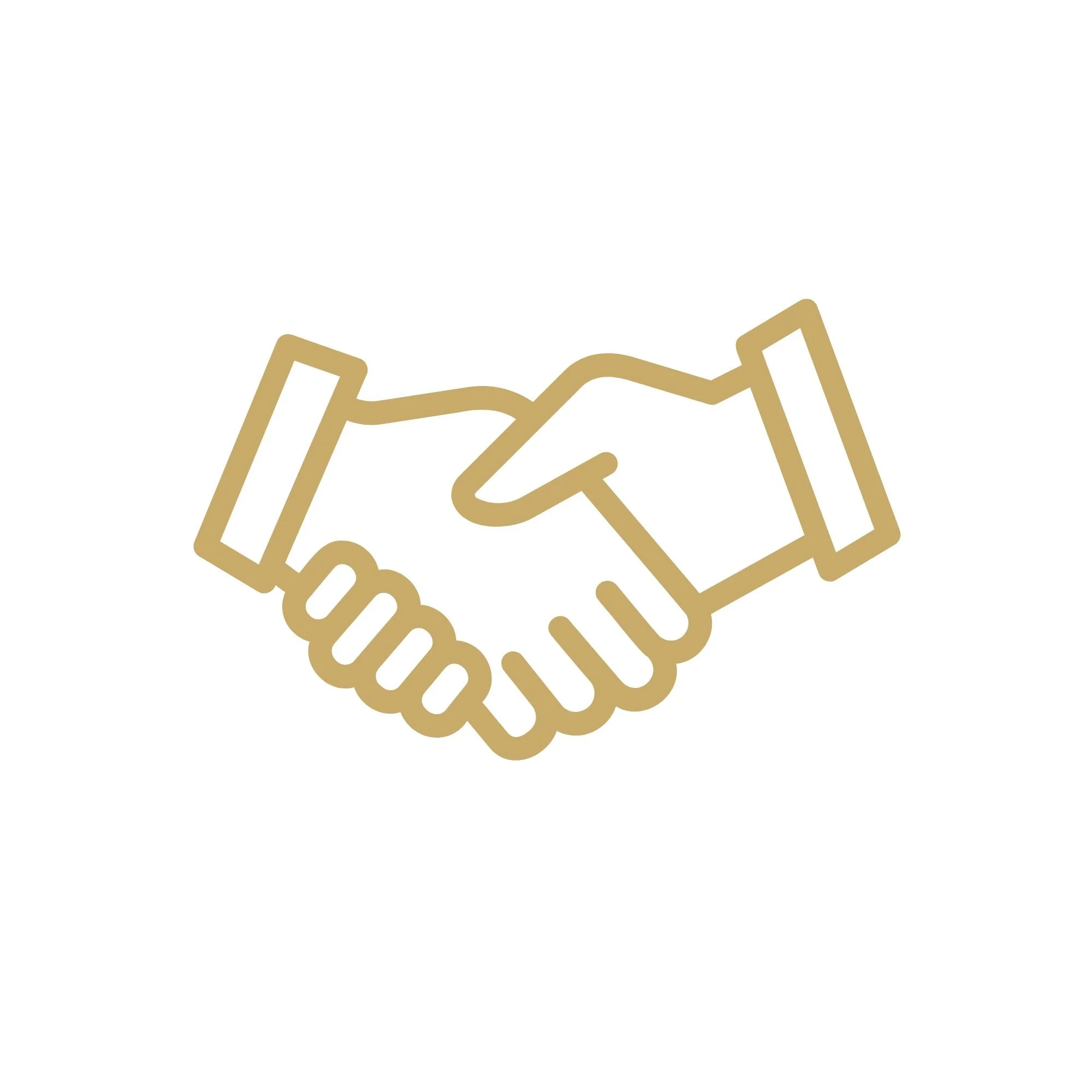 Gold outline drawing of handshaking on a white background.