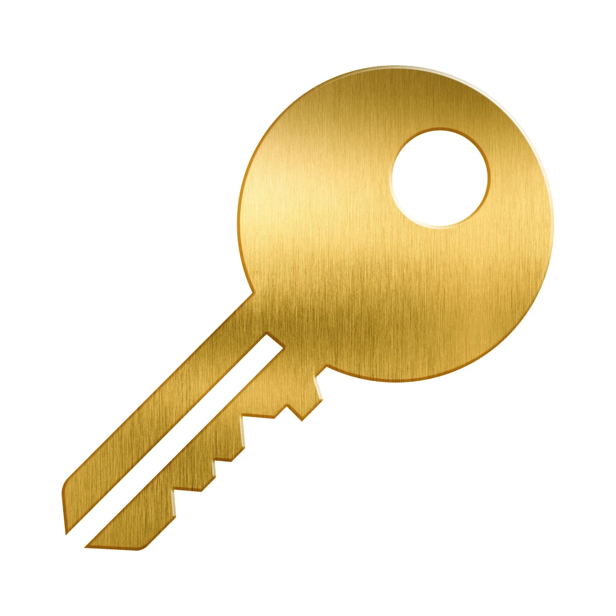 A metallic gold-colored key with a circular head and a long, grooved shaft.