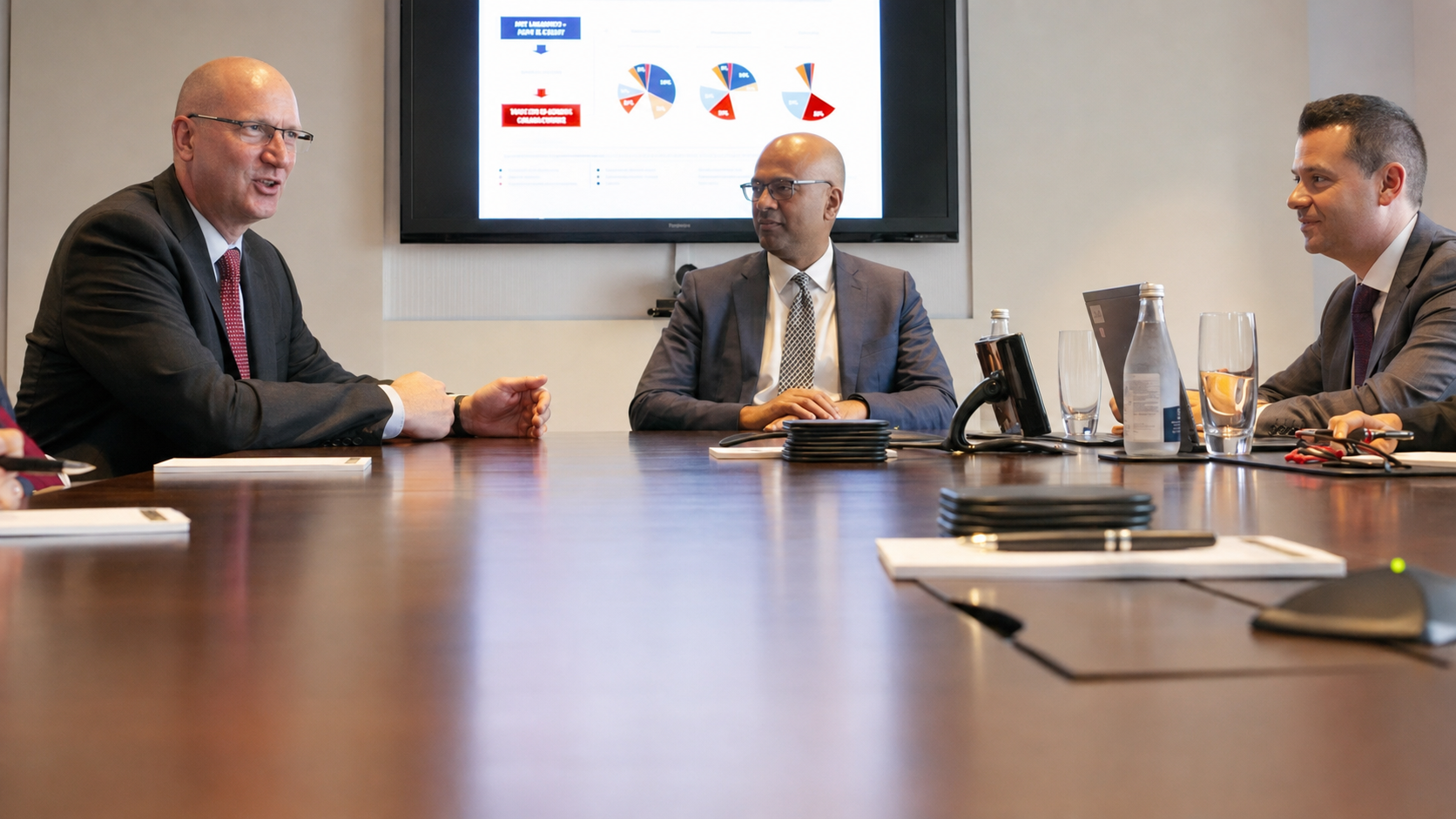 Three businessmen in suits having a meeting in a conference room, with a large screen displaying charts behind them, and documents and water bottles on the table.