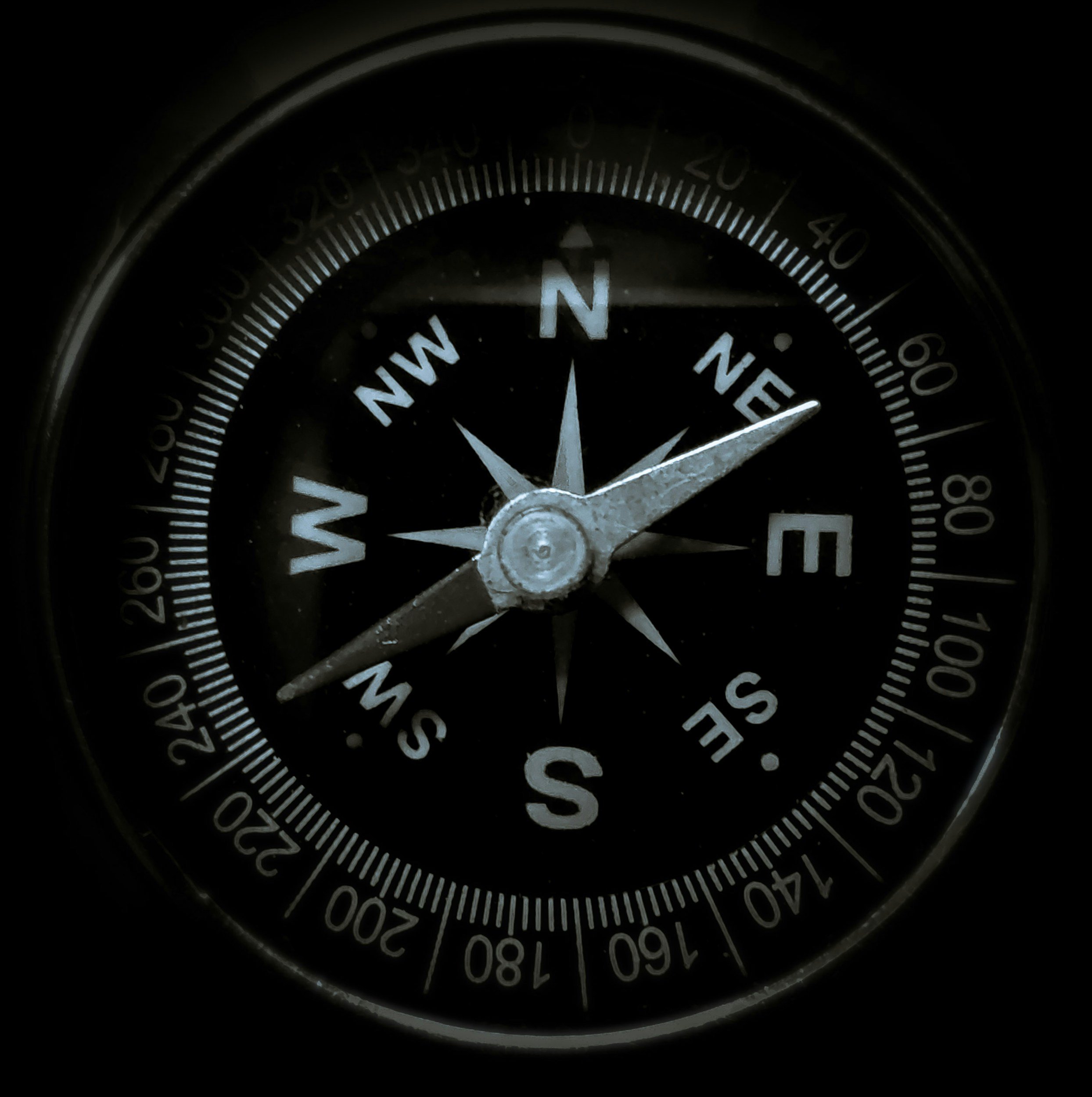 Close-up of a compass indicating north.
