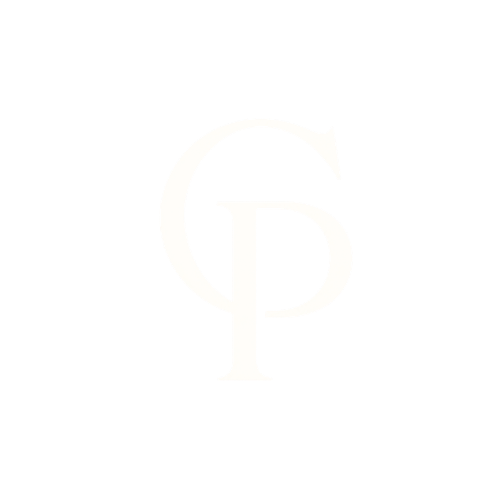Black background with a white circle border containing words: 'Psychotherapy | Relational Therapy | Clinical Consultation | Community Outreach |' and a central logo with interconnected letters D, G, and P.