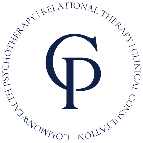 Logo for a healthcare practice featuring the Greek letters Gamma and Phi, surrounded by medical services including psychotherapy, relational therapy, clinical counseling, and community.