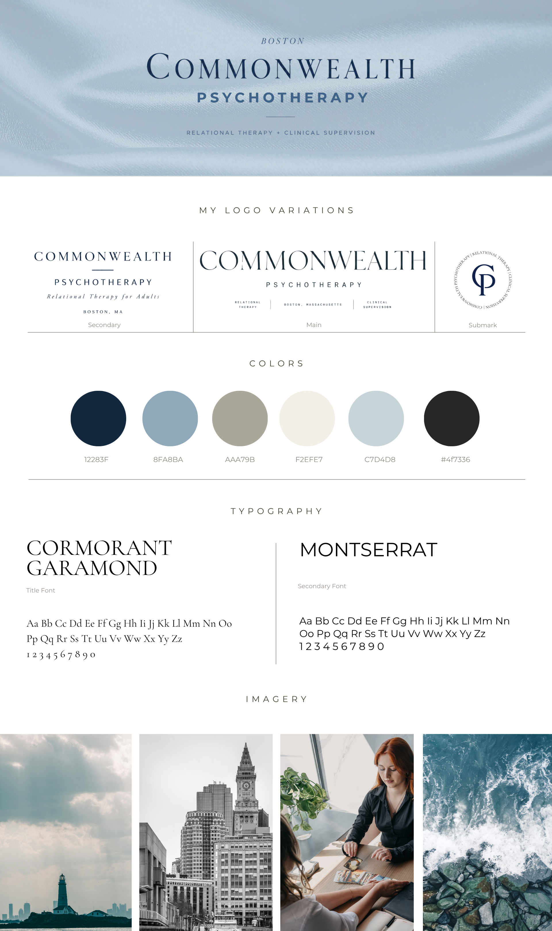 Branding style guide for Boston Commonwealth Psychotherapy, featuring logo variations, color palette, typography, and sample imagery of cityscapes and professional women.