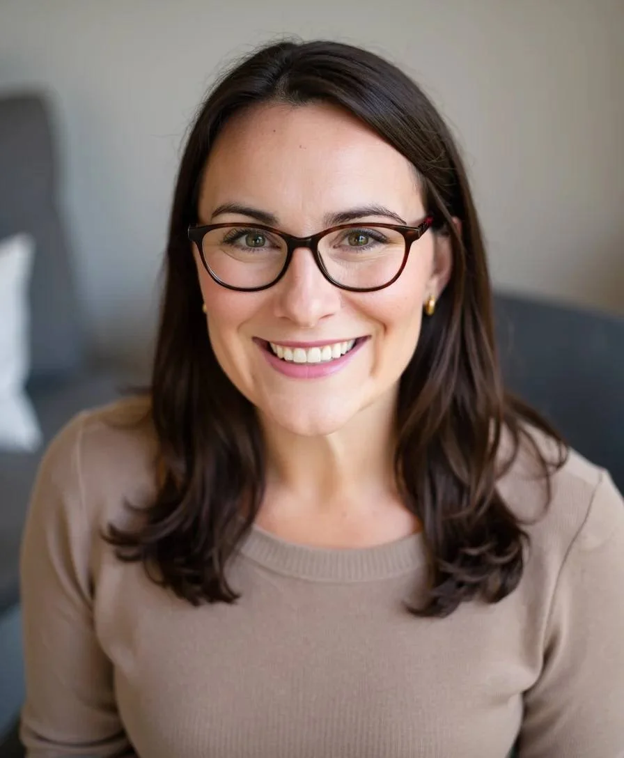 A smiling woman with dark hair, wearing glasses and a beige top, sitting indoors against a neutral background.