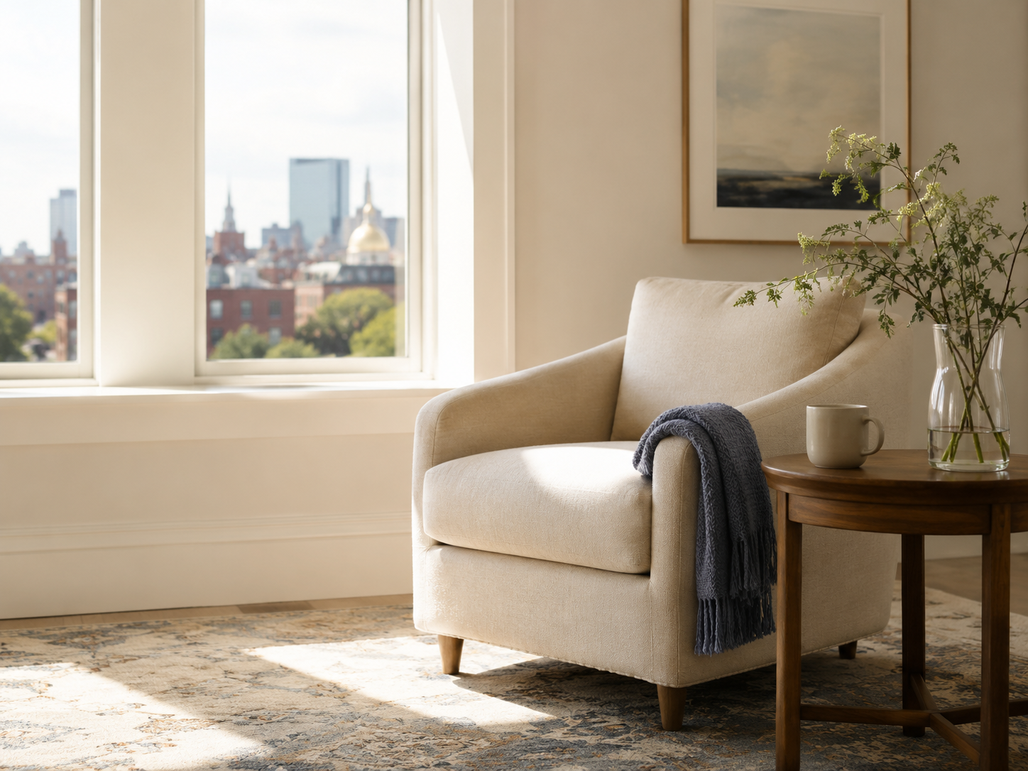 A cozy living room corner with a beige armchair, a wooden side table with a vase of green plant, mug, and a picture frame, next to a large window showing a cityscape with buildings and trees.