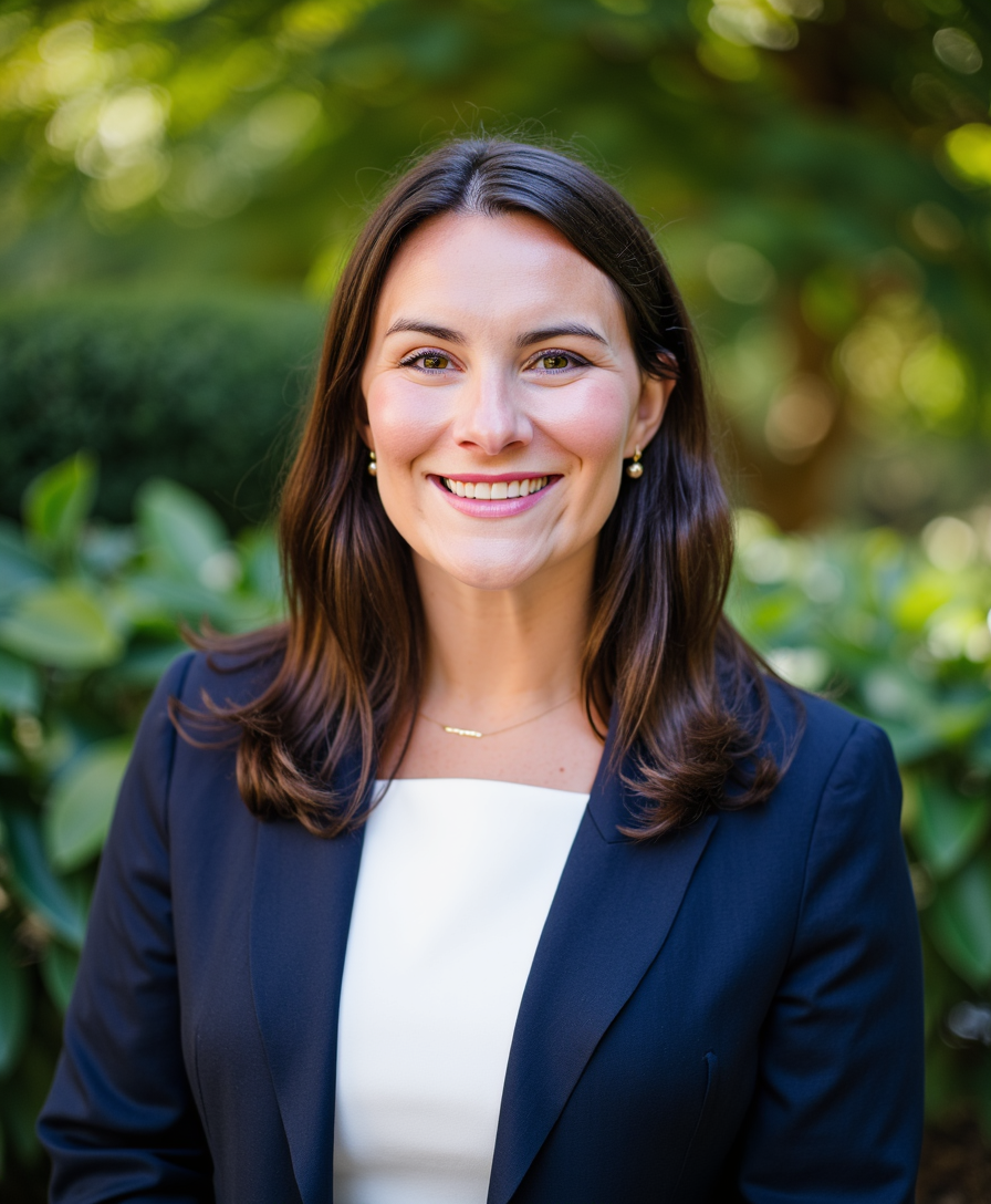 A woman with shoulder-length brown hair, smiling, wearing a navy blazer and white top, outdoors with green foliage background.