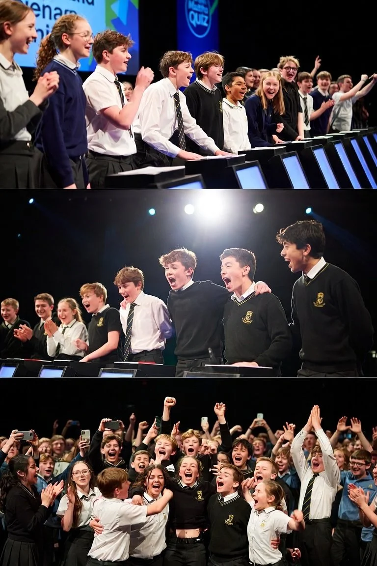 Students performing on stage and celebrating in a classroom or auditorium, dressed in school uniforms, with excited expressions and cheering.
