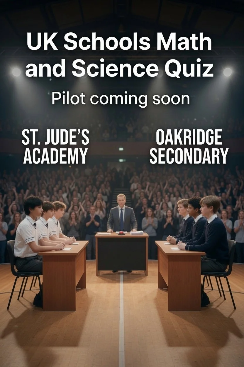 A school quiz competition taking place in an auditorium with two teams of students facing each other at desks, a host standing in the middle, and an audience in the background.