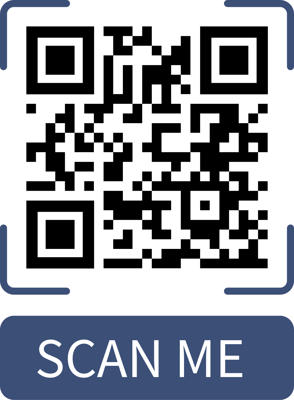A QR code in a black, white, and blue frame with the text 'SCAN ME' at the bottom.
