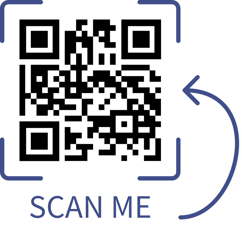 A QR code with a blue frame and the words 'SCAN ME' written below it.