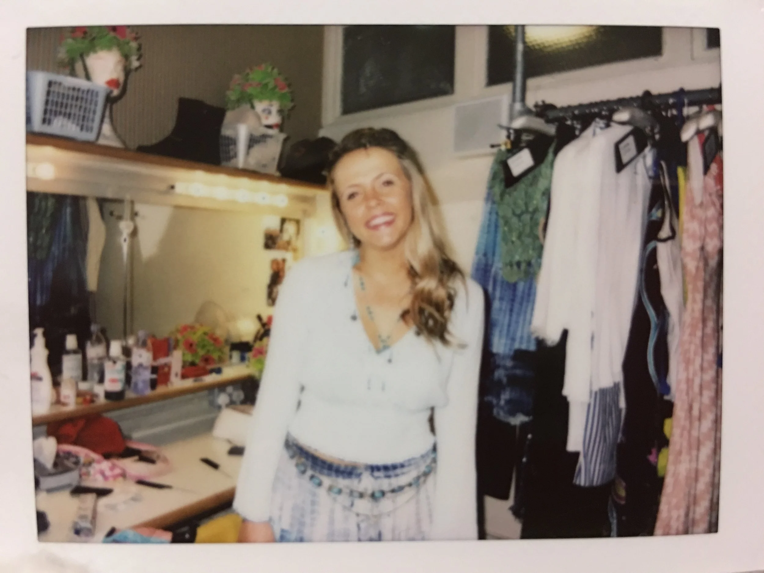 Stacey Mills, West End Actress, in the dressing room at the Novello Theatre, Covent Garden in 2017. She is dressed as Sophie Sheridan, the lead role in the smash hit musical Mamma Mia!