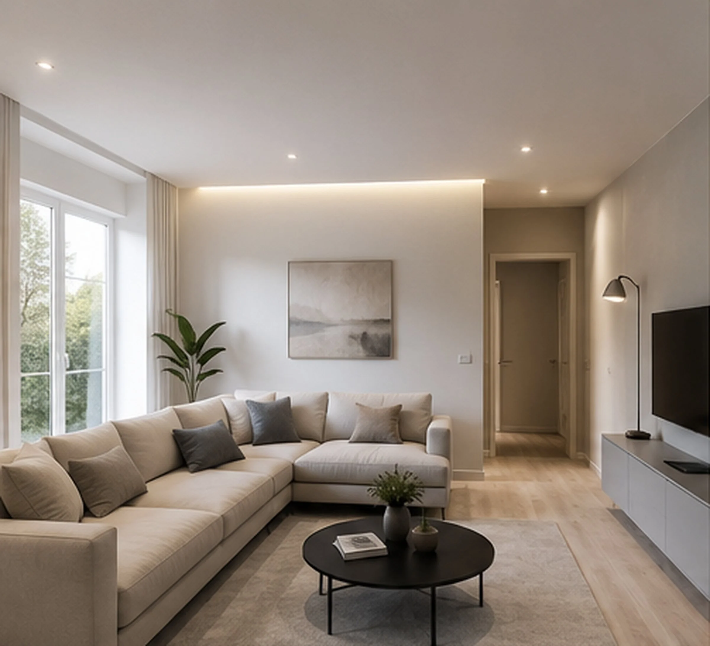 Soggiorno con divano beige, cuscini grigi, tavolino nero con riviste, lampada da terra, quadro sulla parete, lampade a soffitto, grande finestra con tende beige, piante verdi e pareti bianche e beige.