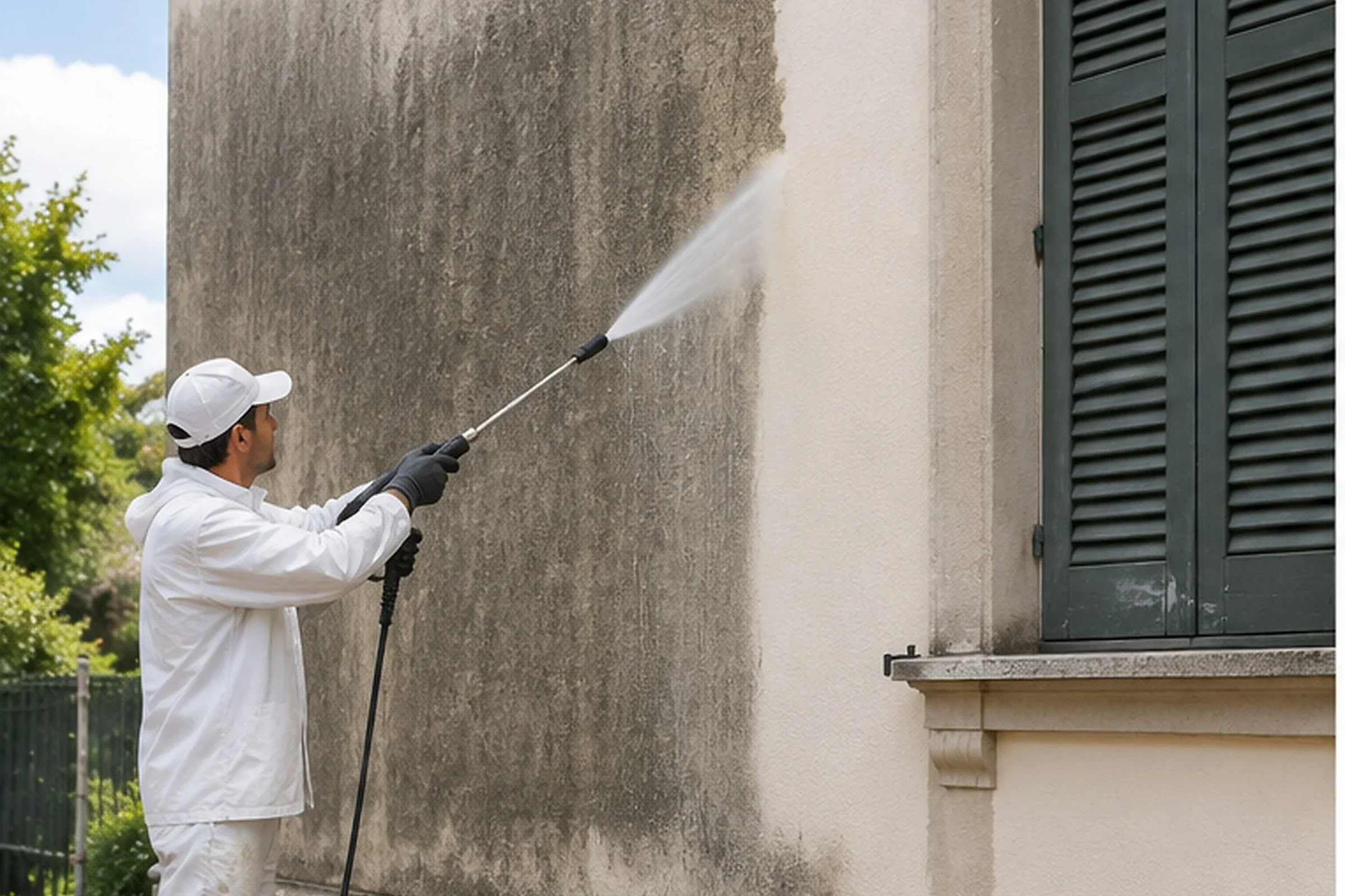 Una persona vestita di bianco utilizza un'idropulitrice per pulire una parete esterna di un edificio.