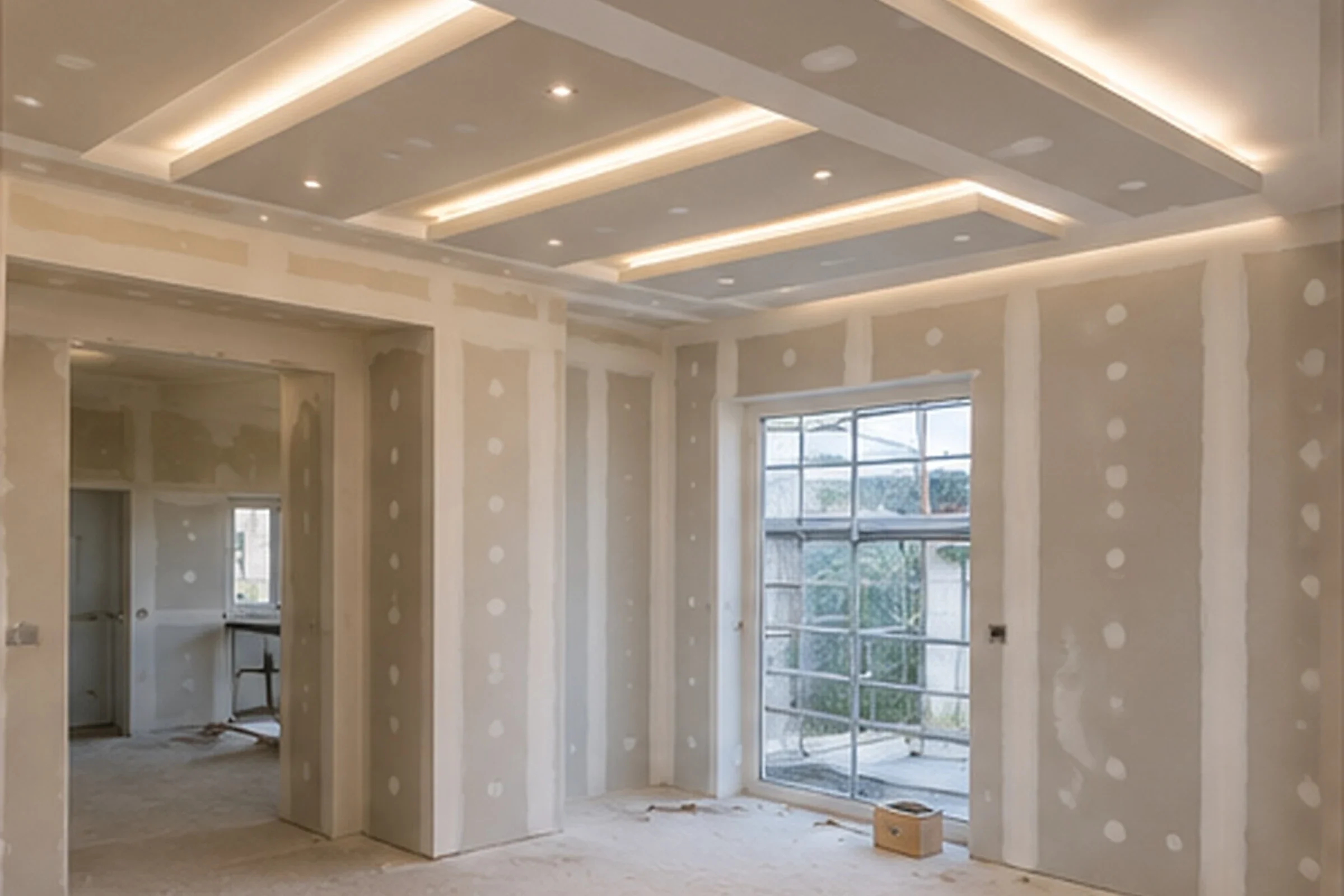 Interno di una casa in fase di ristrutturazione con pareti in cartongesso non tinteggiate e grandi finestre.