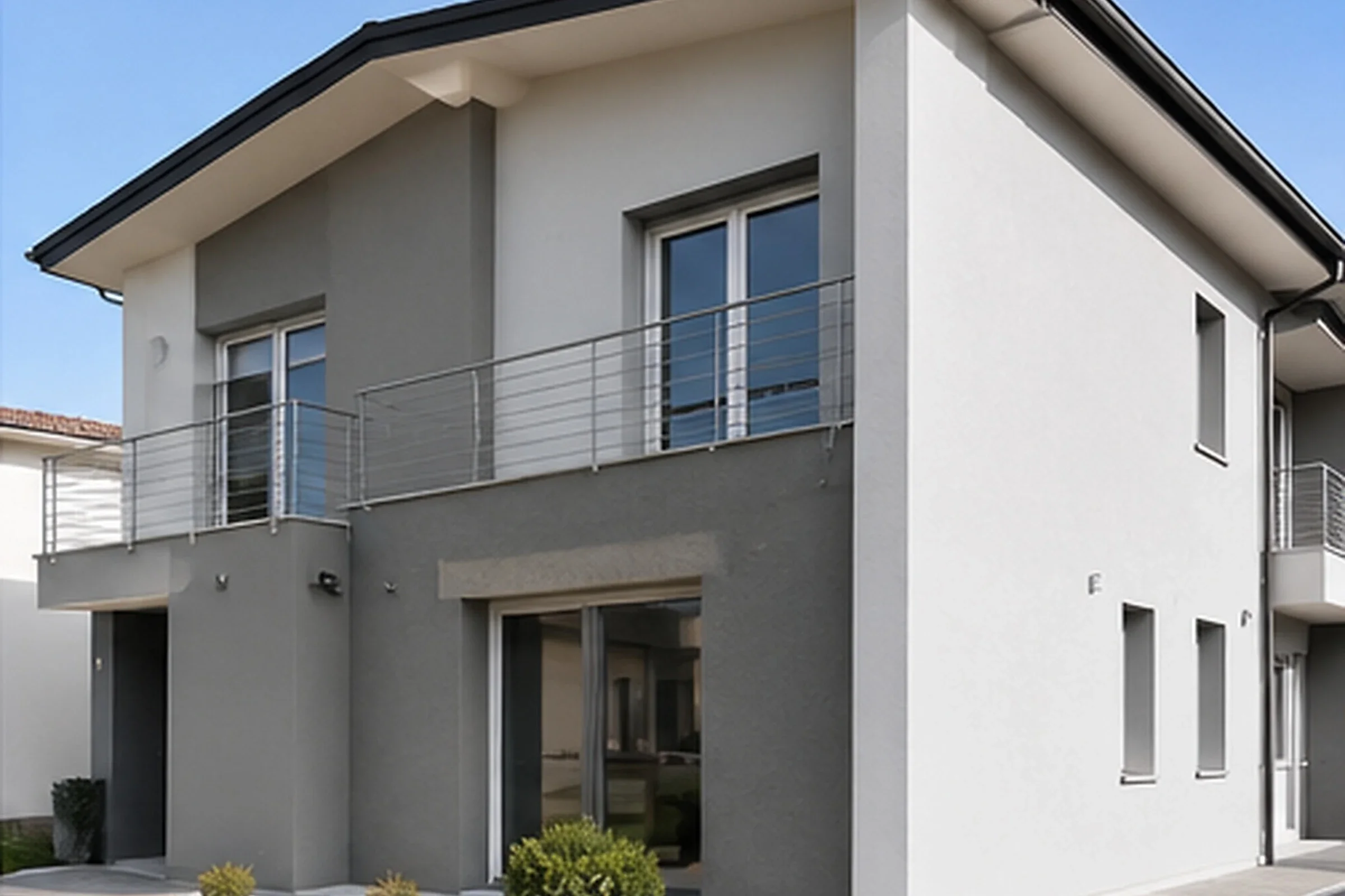 Edificio residenziale moderno con due piani, balcone con ringhiera metallica e grandi finestre, esterno bianco e grigio, con piccole piante decorative davanti.