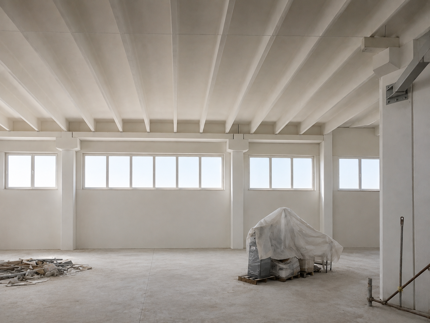 Interno di una stanza in costruzione con pareti e soffitto bianco, finestre alte con vetri trasparenti, alcuni materiali di costruzione impilati e coperti da plastica, e alcuni attrezzi e materiali sparsi sul pavimento.