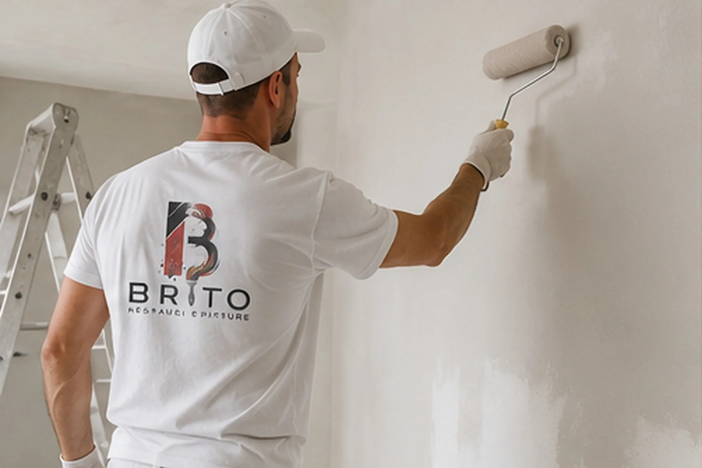 Un uomo sta dipingendo una parete bianca con un rullo mentre indossa una maglietta bianca, un cappellino bianco e guanti.