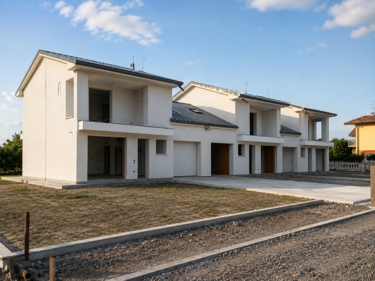 Complesso di case in costruzione con facciate bianche e tetti in metallo, area di terreno non ancora pavimentata davanti alle abitazioni.