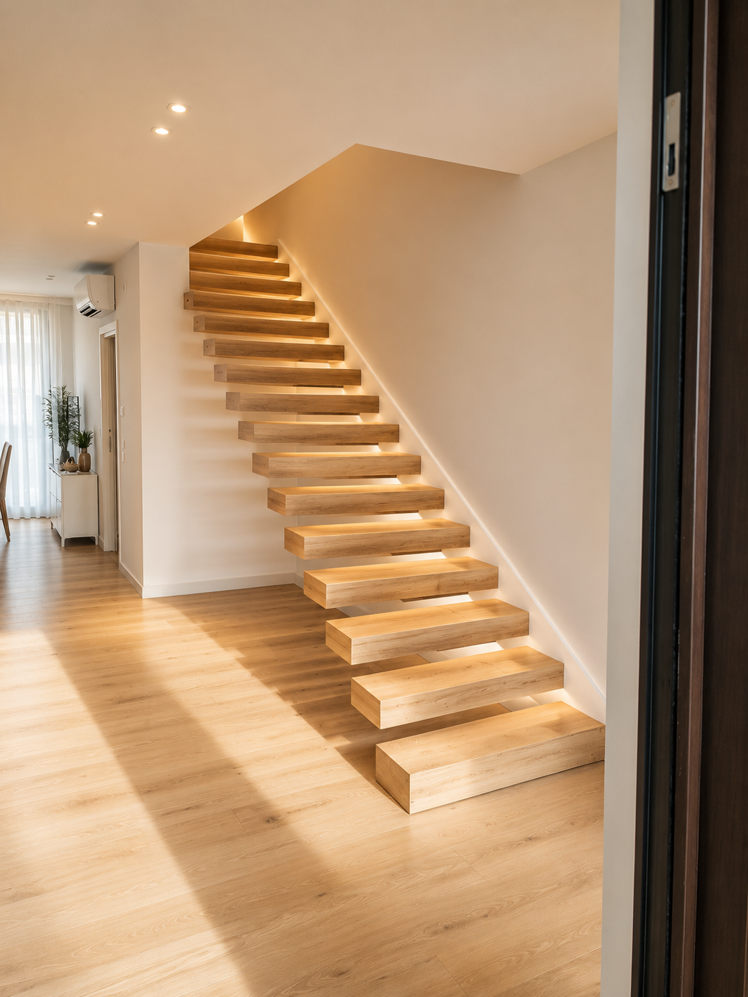 Scalinata moderna in legno nella casa con illuminazione integrata sotto ogni gradino, pavimento in legno, pareti bianche e openspace con mobili minimalisti e piante nella zona soggiorno.