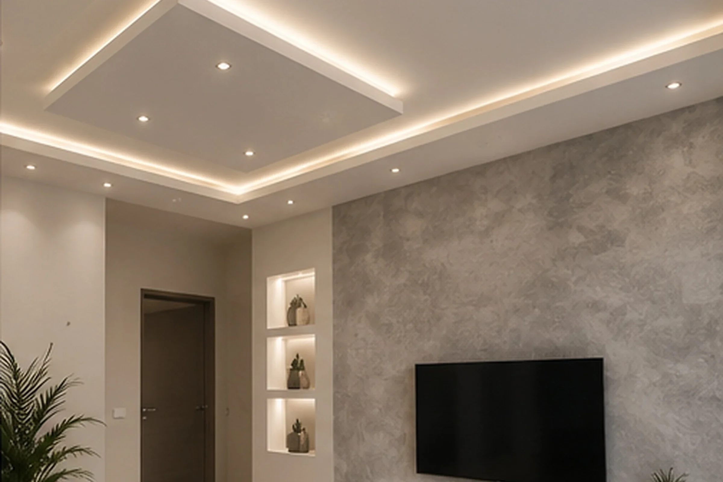 Interno di un soggiorno moderno con soffitto a tinte in rilievo e luci a LED, parete decorativa con nicchie illuminate e vasi decorativi.