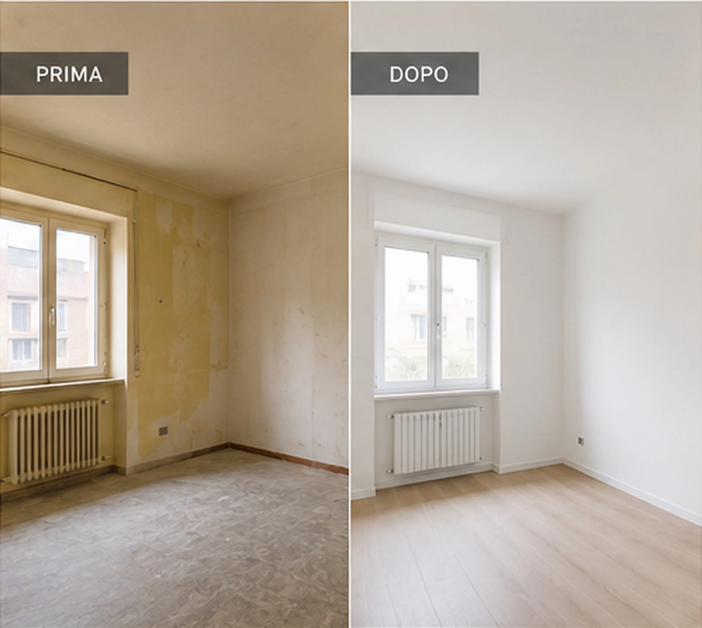Immagine divisa in due parti che mostra lo stato di una stanza prima e dopo i lavori di ristrutturazione: a sinistra, pareti gialle con tracce di pittura e un pavimento vecchio, a destra, pareti bianche con pavimento nuovo e pareti rinnovate.