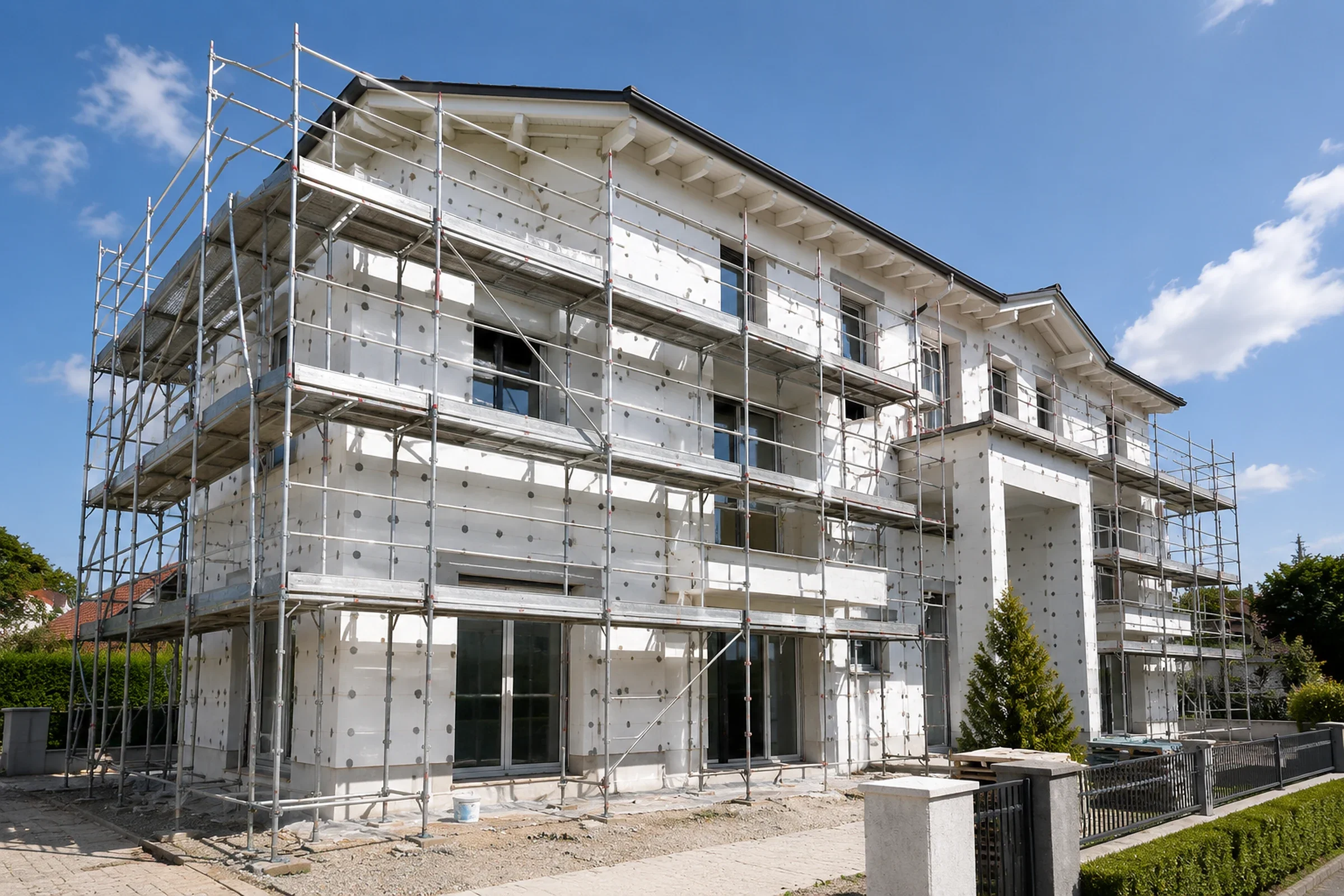 Edificio in fase di ristrutturazione con impalcature di metallo attorno, pareti in cemento con fori e vetri alle finestre, sotto un cielo azzurro con alcune nuvole.
